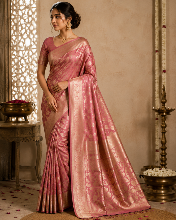 Rose Pink Banarasi Silk Saree with Gold Zari Work