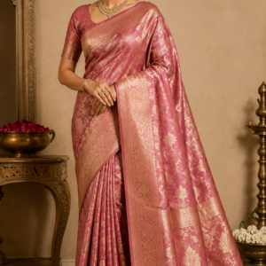 Rose Pink Banarasi Silk Saree with Gold Zari Work