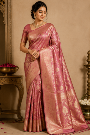 Rose Pink Banarasi Silk Saree with Gold Zari Work
