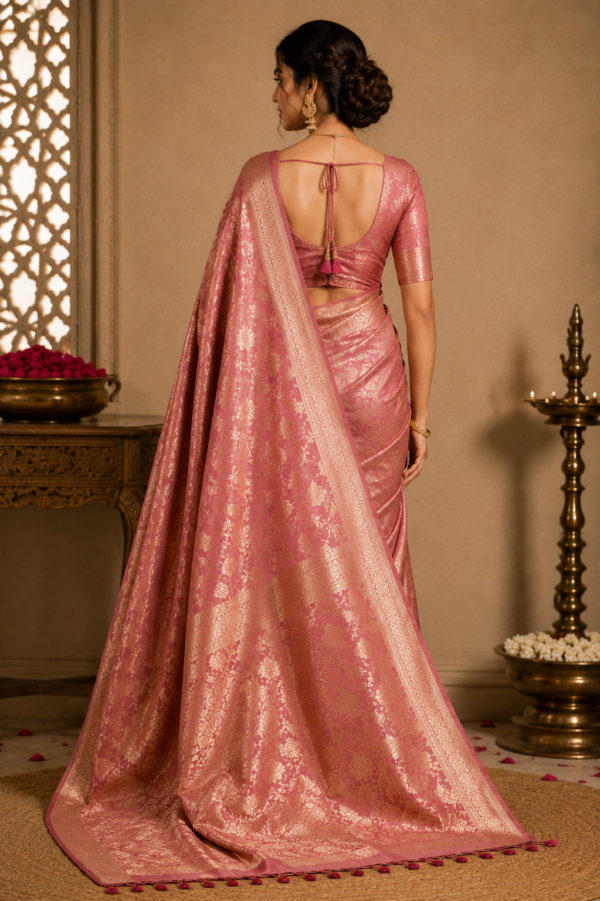 Rose Pink Banarasi Silk Saree with Gold Zari Work