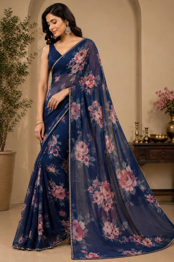 Midnight Blue Floral Fashion Saree