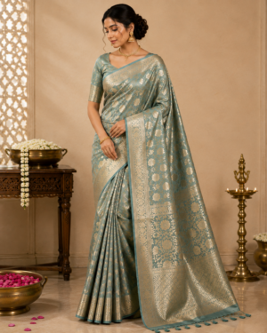 Elegant Teal Green Traditional Saree with Golden Motifs