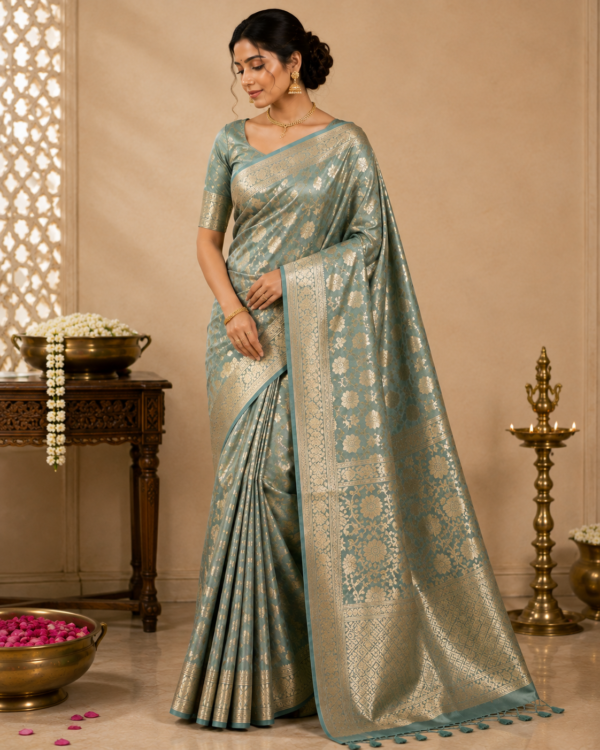 Elegant Teal Green Traditional Saree with Golden Motifs