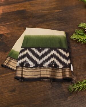 Mehendi Green and Beige Zari Woven Border with Zig Zag Prints Tussar Saree
